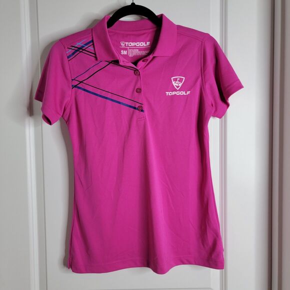 Top Golf Polo Shirt Women’s Medium Uniform Pink Blue Logo Short Sleeves Stretch - Picture 1 of 5